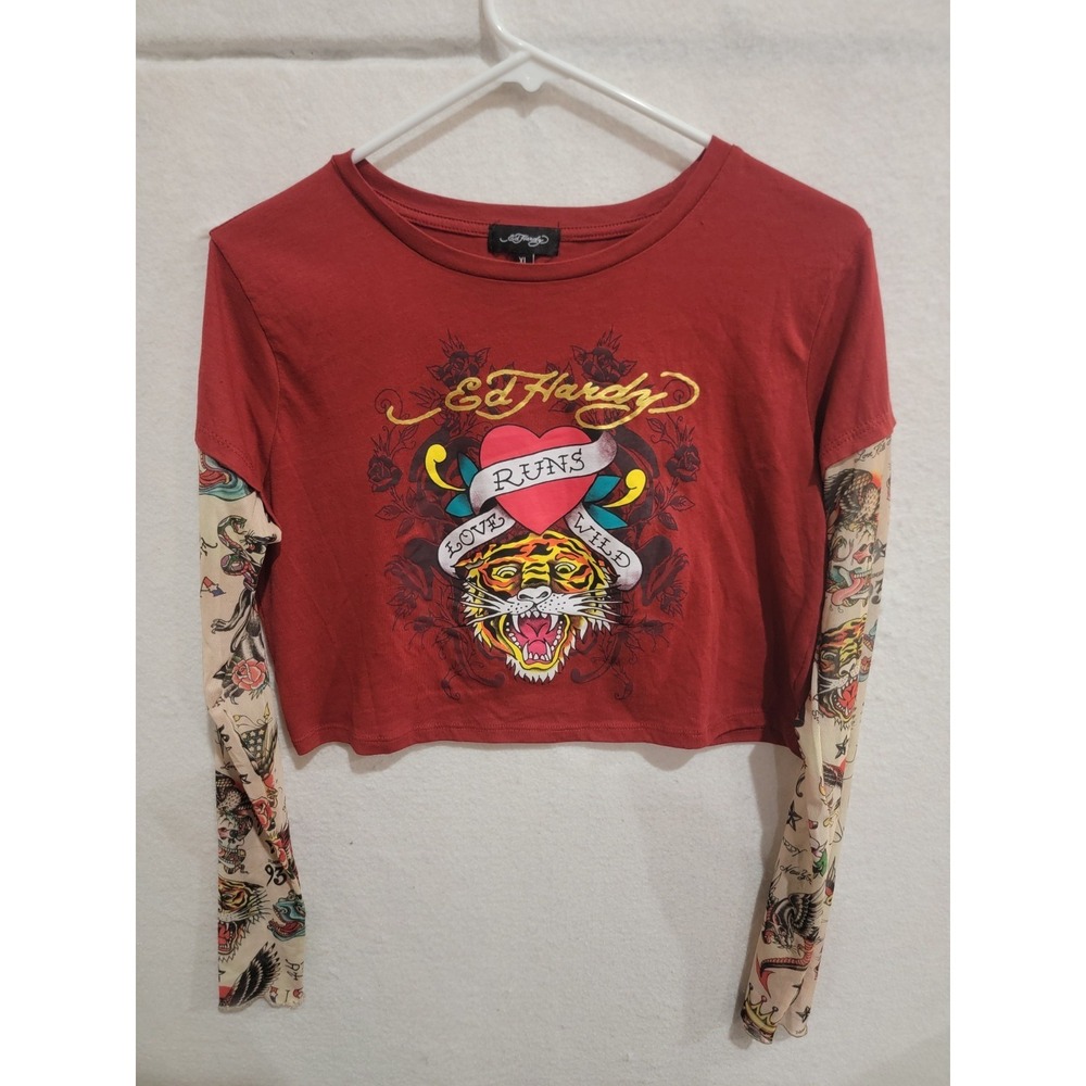 Ed Hardy Love‎ Runs Wild Tiger Crop Top Tattoo Mesh Sleeves Women's XL Burgundy